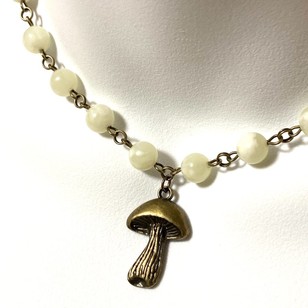 Natural Pale Green Serpentine Necklace, Bronze Slim Mushroom + Genuine Gemstone